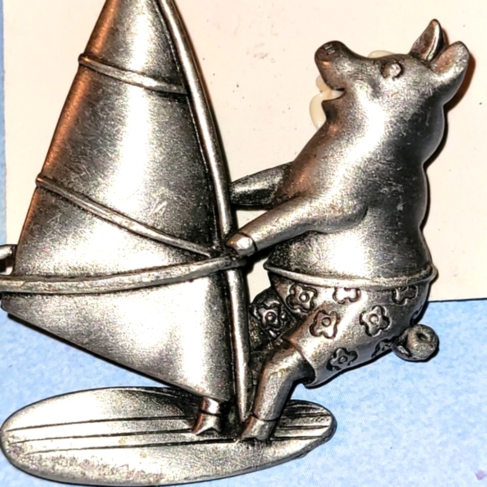 Silver Pig Windsurfing Brooch By JJ